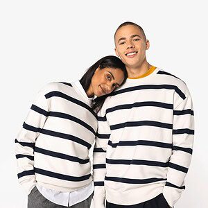 Ecologische gestreepte uniseks sweater met ronde hals en afhangende schouders