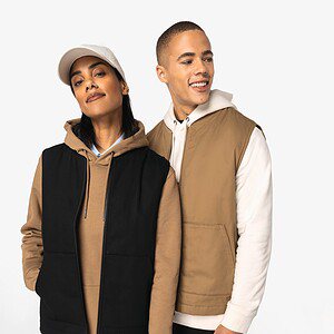 Ecologische gevoerde uniseks bodywarmer van twill met teddykraag