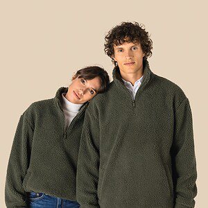 Uniseks sweater van sherpa met kwartrits en afhangende schouders